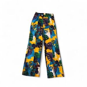 La Banga Vintage Yellow Blue Tropical Leaf Print Wide Leg Pants Womens
